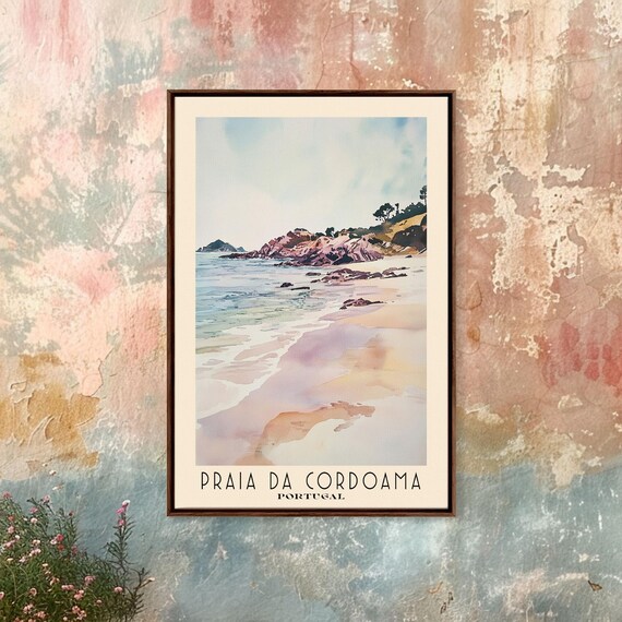 Praia da Cordoama Portugal Pastel Sand Pink Rocky Cove Watercolor Poster