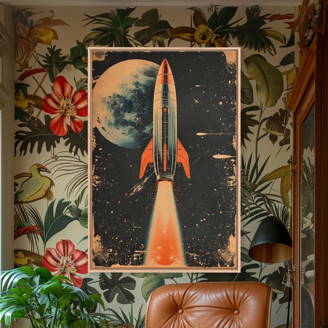 Vintage Rocket Launch Poster Flying Past Moon Distressed Space Art - Image 2