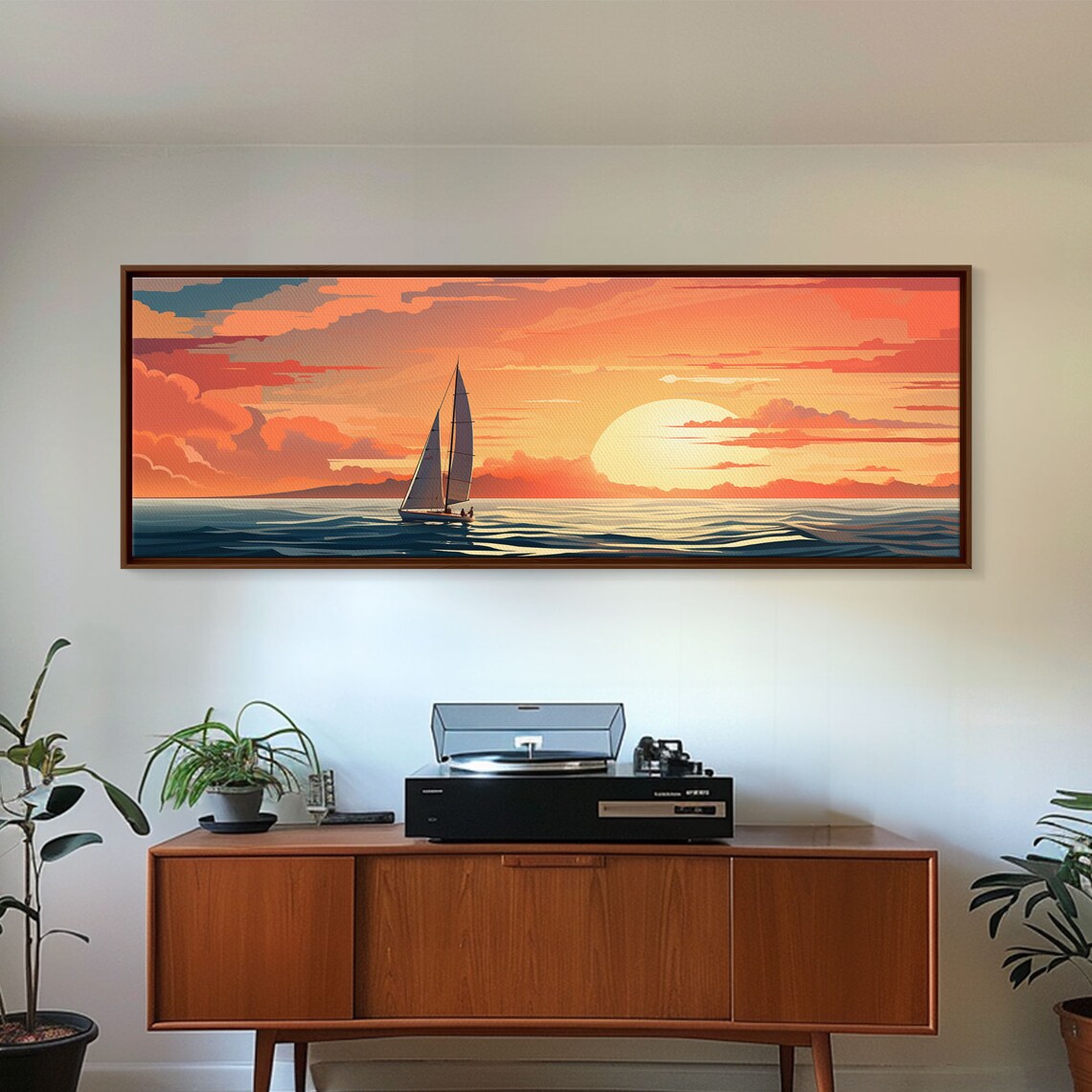 Sailboat Sunset Orange Sky Teal Ocean Retro Nautical Illustration Poster - Image 4