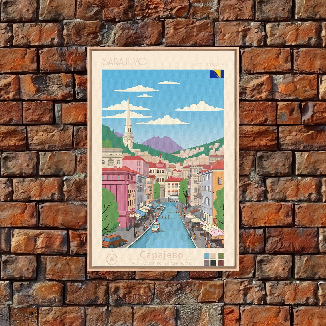 Sarajevo Bosnia Riverfront Old Town Market Street View Travel Poster - Image 3
