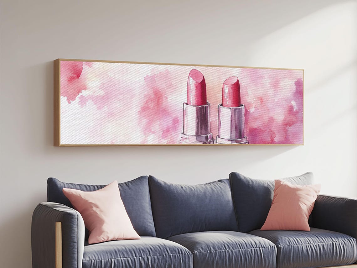 Pink Lipstick Pair Watercolor Makeup Glam Vanity Beauty Room Wall Art - Image 5