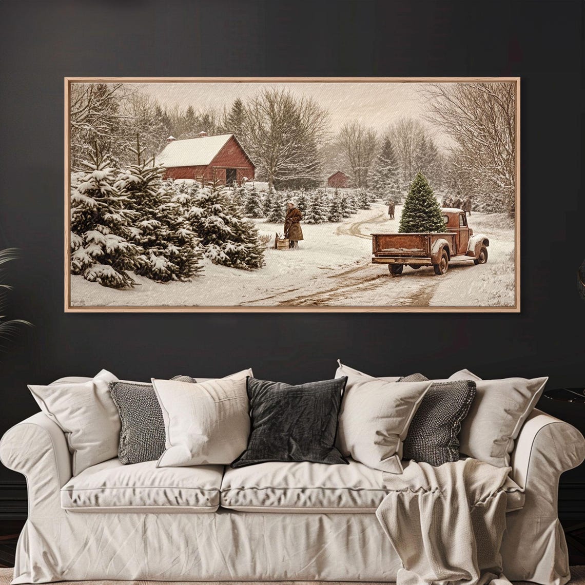 Vintage Christmas Tree Farm Truck Red Barn Snowy Sepia Wall Art - Image 6
