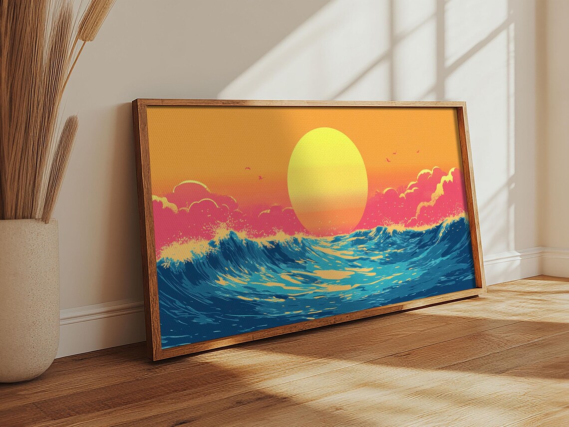 Retro Synthwave Sunset Over Ocean Waves Big Sun Colorful Beach Wall Poster - Image 6