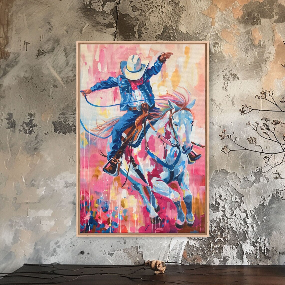 Cowboy Riding Horse In Vibrant Pink Blue And Orange Rodeo Art Poster - Image 2