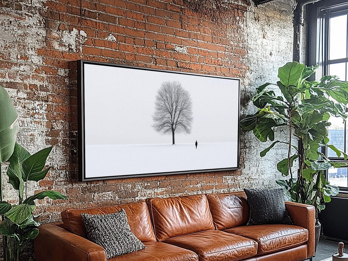 Lone Bare Tree Winter Snowfield Minimalist Serene White Art Poster - Image 4
