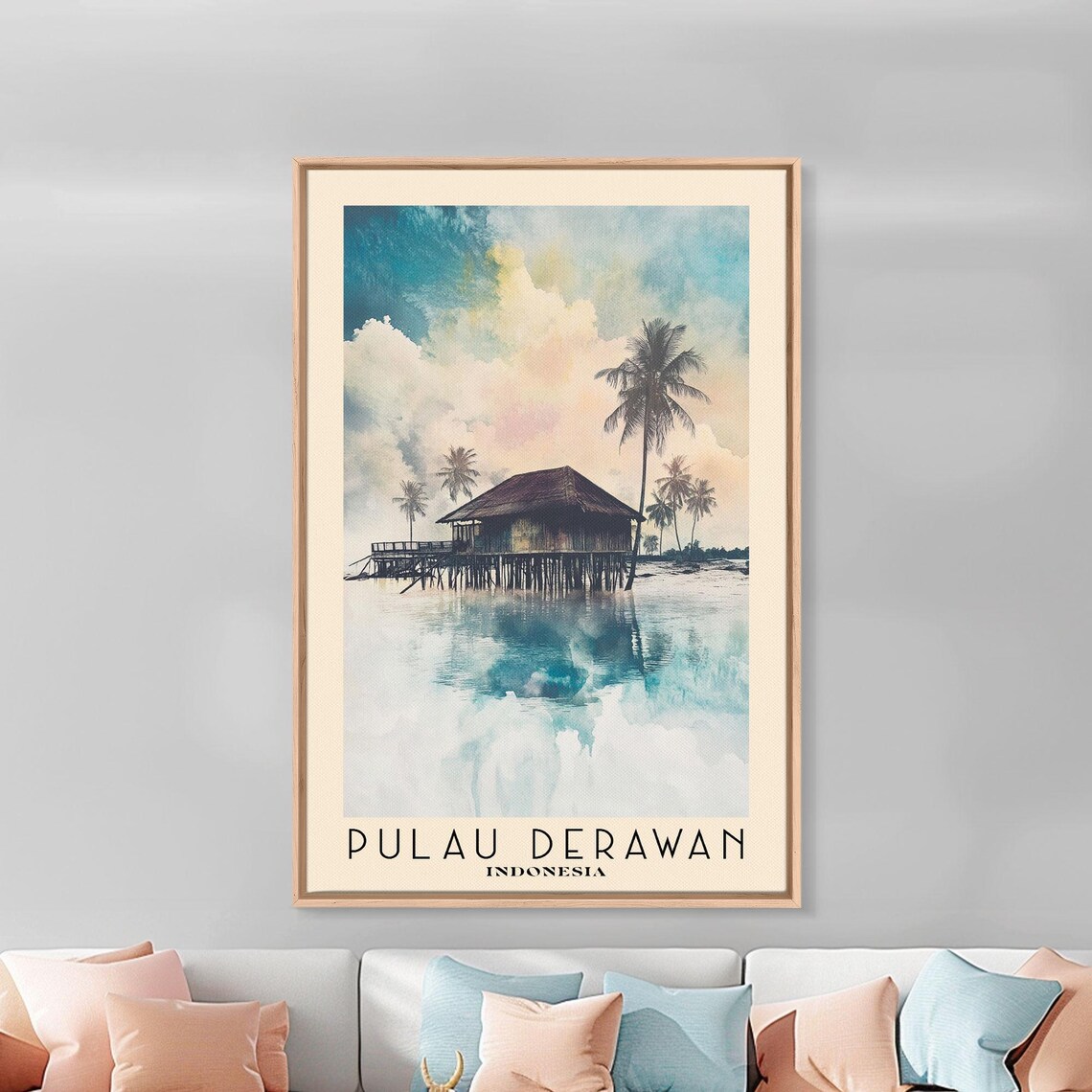 Pulau Derawan Indonesia Stilt Hut Over Calm Lagoon Palms Sunset Reflection Poster - Image 3