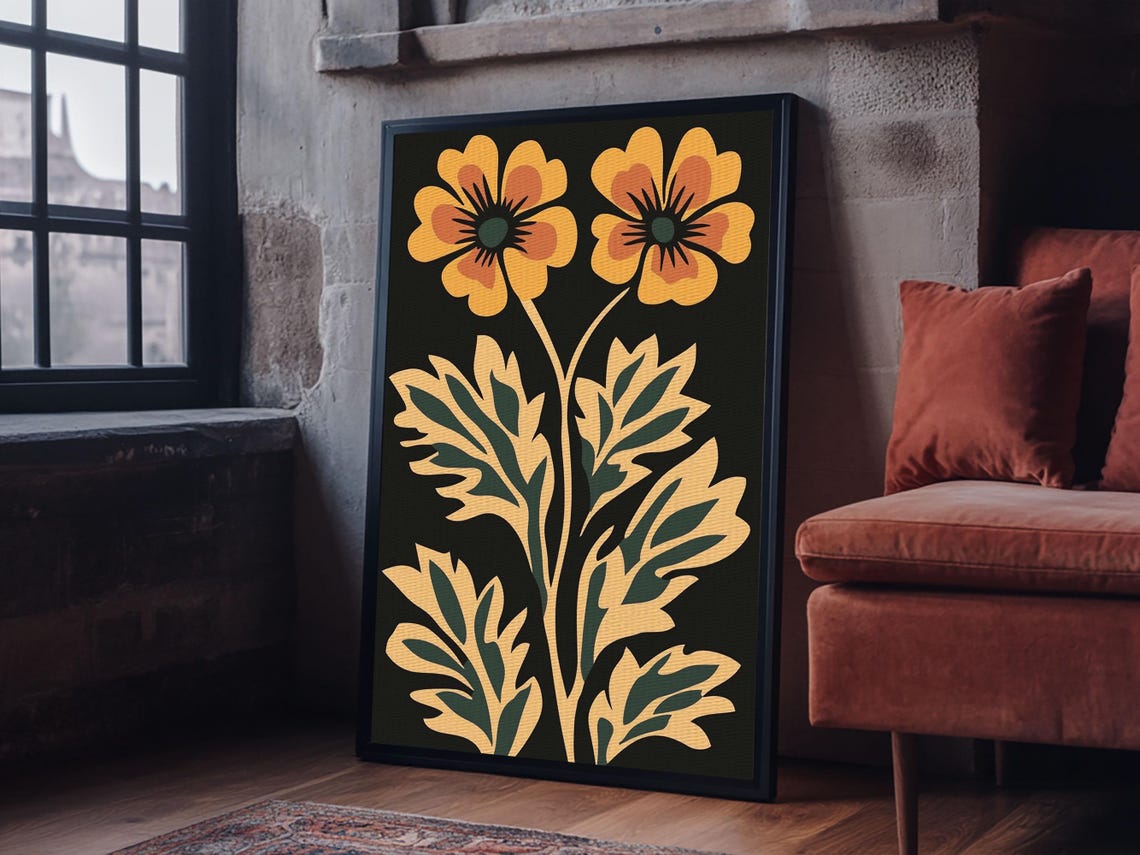 Boho Wildflower Floral Art Mustard Blooms Black Background Print - Image 4