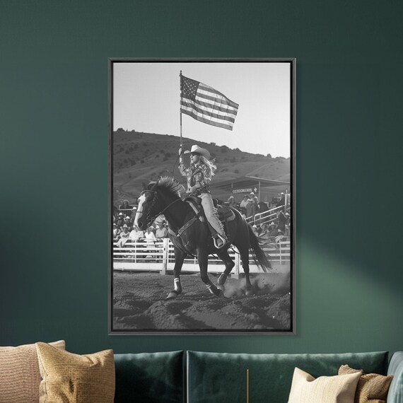 Cowgirl Carrying American Flag On Horse At Rodeo Black White Poster
