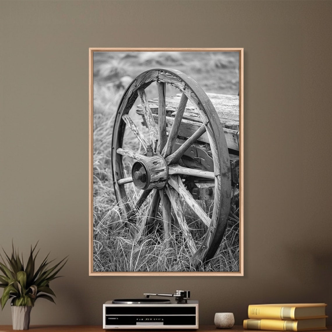 Weathered Wooden Wagon Wheel In Tall Grass Black And White Poster - Image 4