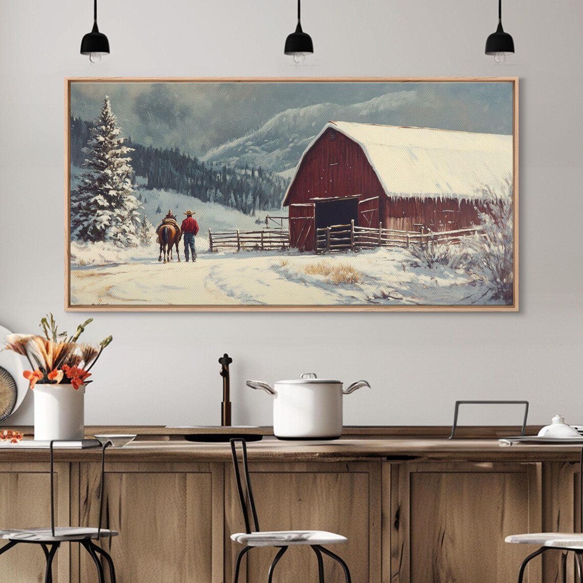 Cowboy With Horse Walking To Snowy Red Barn Winter Morning Poster - Image 6