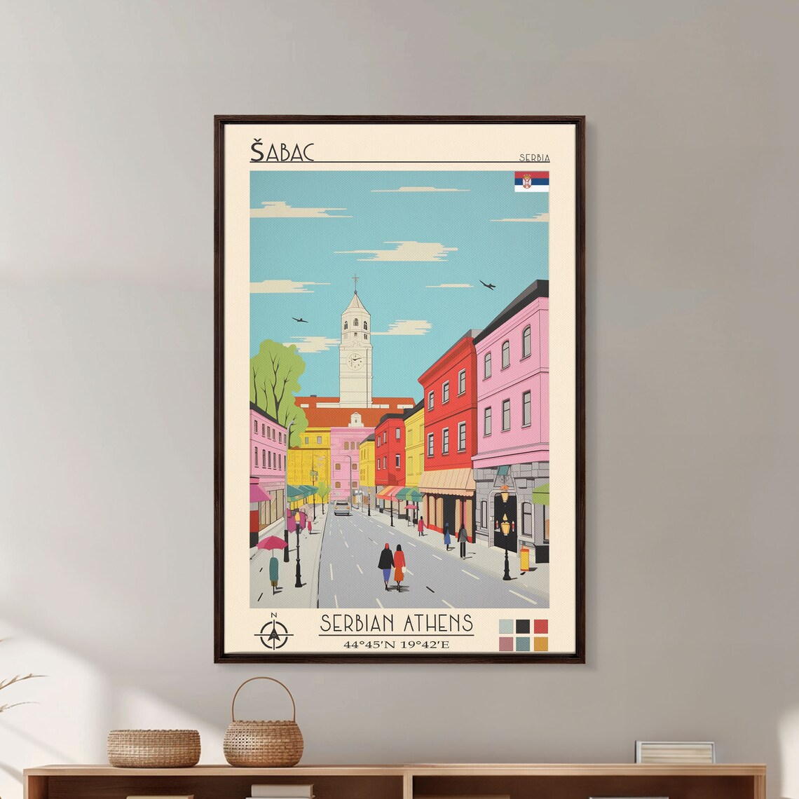 Sabac Serbia Colorful Main Street Clock Tower Midcentury Travel Poster