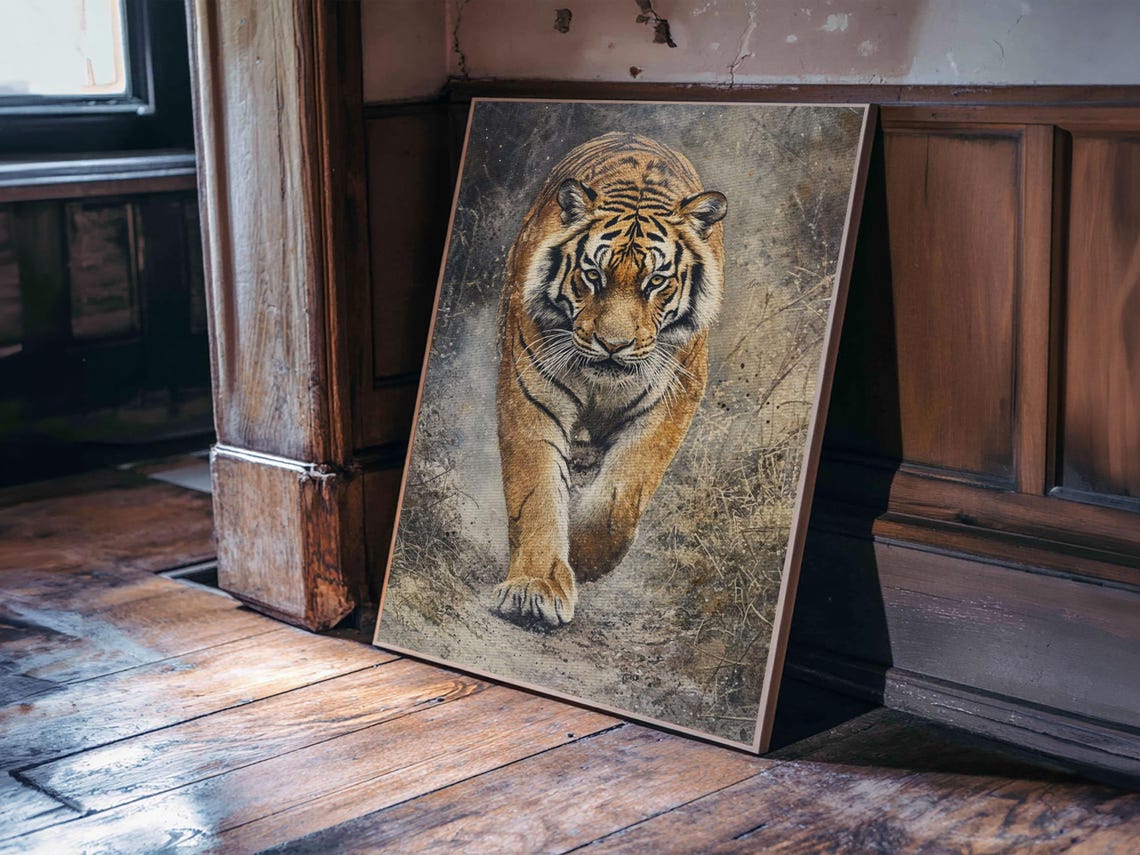 Tiger Stalking Forward Realistic Oil Painting Wild Cat Statement Print - Image 4