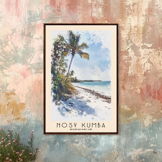 Nosy Kumba Madagascar Palm Tree White Sand Beach Watercolor Poster