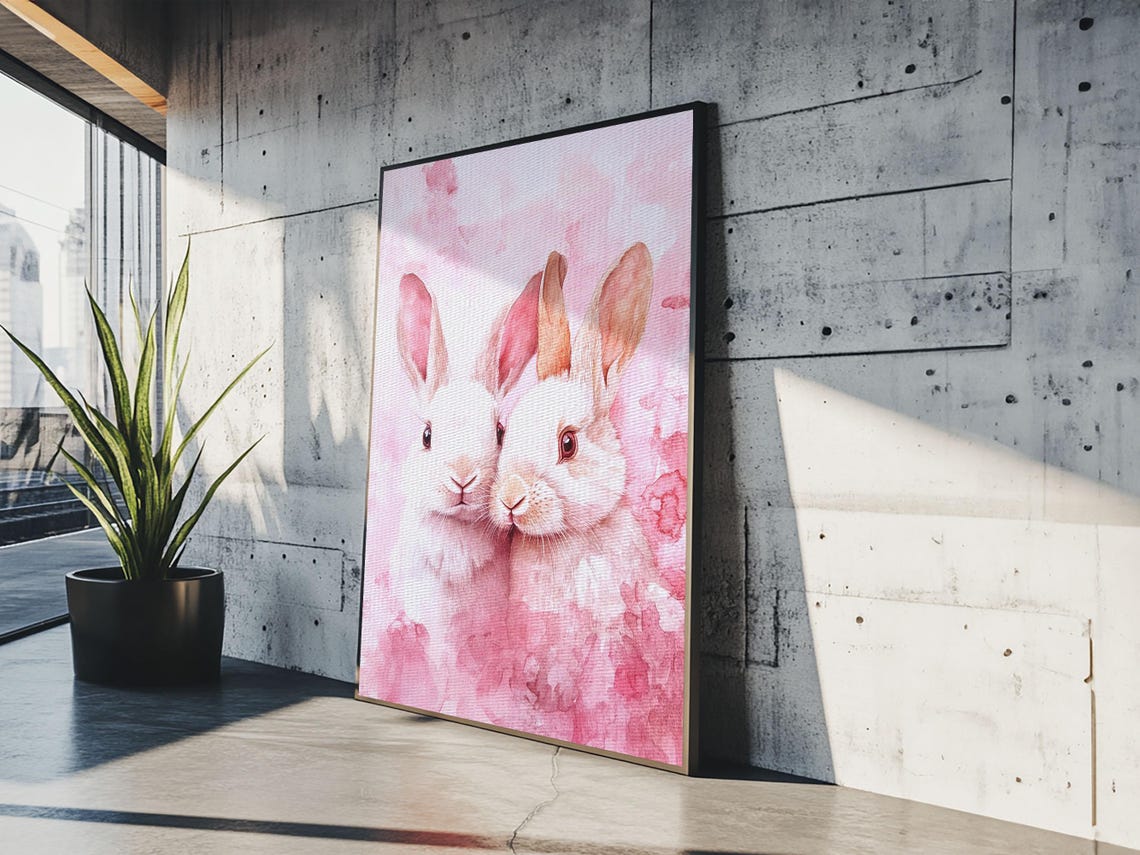 Two White Bunnies Cuddling Sweet Pink Watercolor Animal Wall Art - Image 6