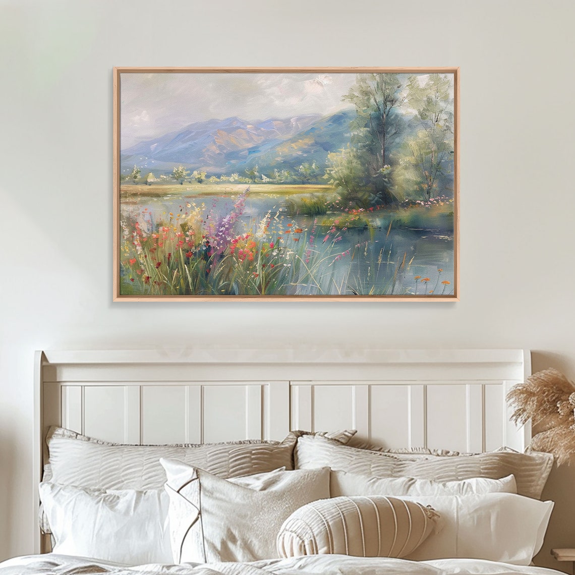 Mountain Lake Wildflower Meadow Impressionist Oil Painting Print - Image 3