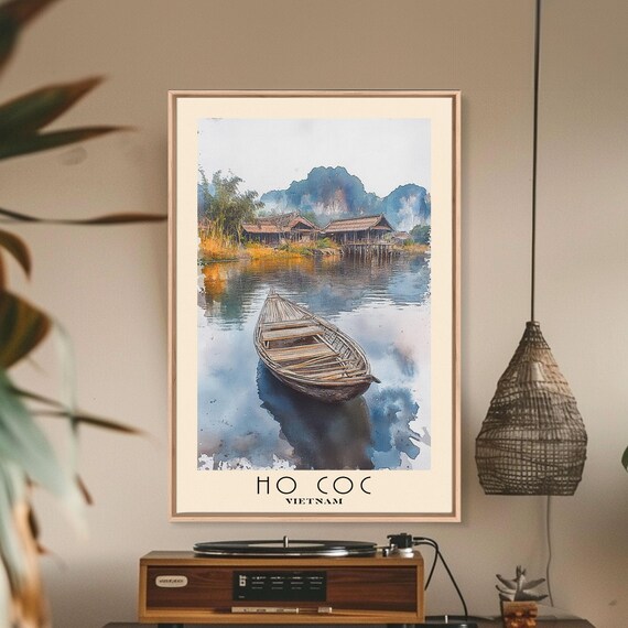 Ho Coc Vietnam Wooden Boat Still Water Stilt Huts Watercolor Poster