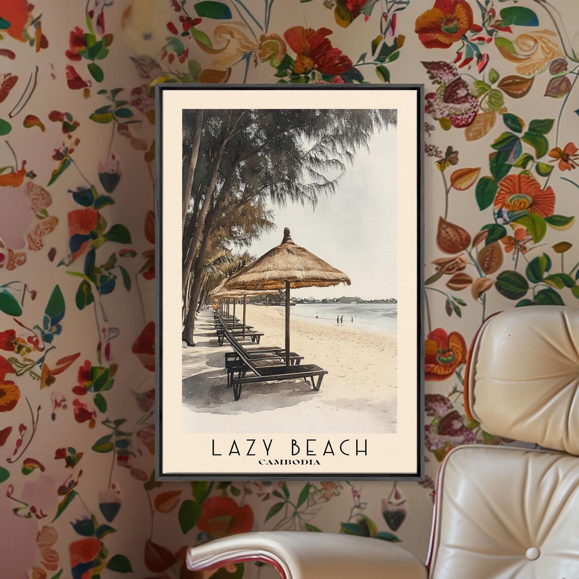Lazy Beach Cambodia Thatched Umbrellas Lounge Chairs Shady Shore Poster - Image 2