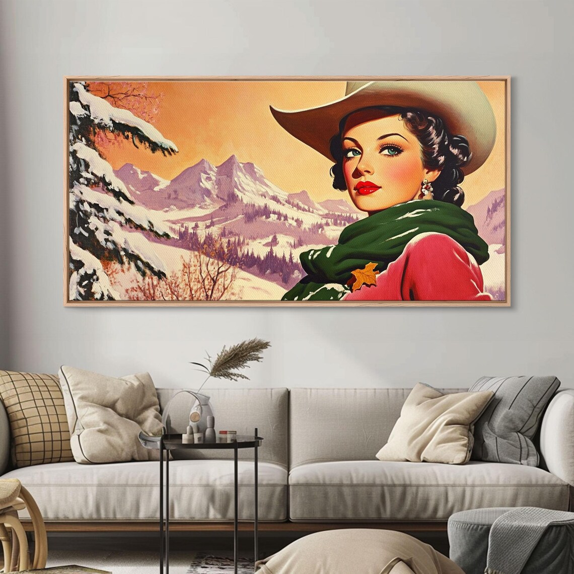 Retro Pinup Cowgirl Portrait Snowy Purple Mountains Scarf Style Poster - Image 2