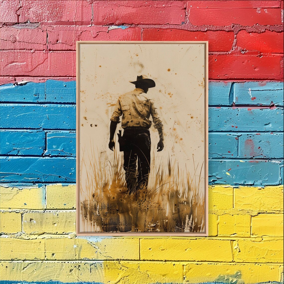 Cowboy Walking Through Field In Sepia Vintage Style Western Art Poster - Image 3