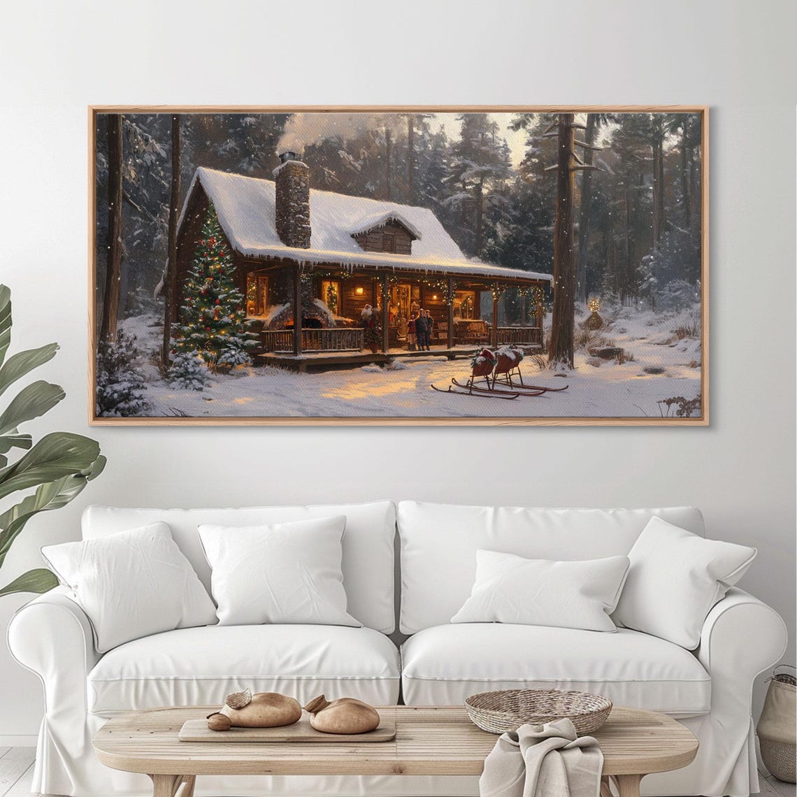 Snowy Log Cabin Porch Christmas Tree Sleds Night Winter Wall Art