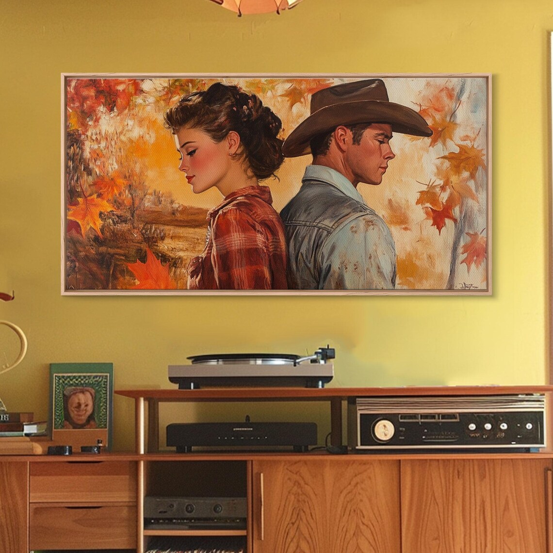 Cowboy And Cowgirl Back To Back In A Golden Autumn Forest Print - Image 2
