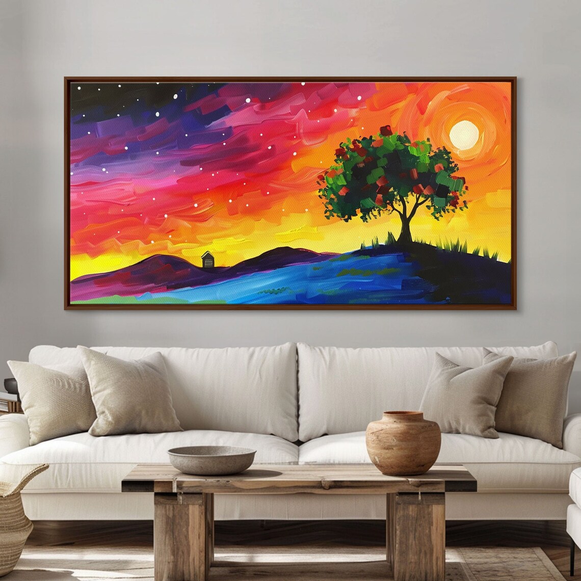 Vibrant Tree Under Starry Sunset Sky Colorful Abstract Hillside Landscape Poster - Image 4