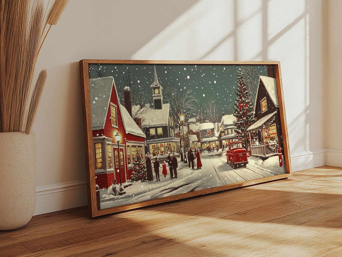 Snowy Christmas Town Square Church Clock Tower Vintage Red Truck Print - Image 4