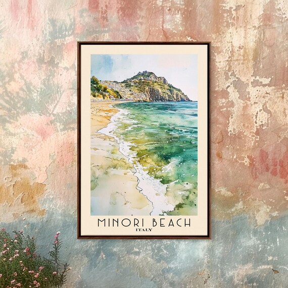 Minori Beach Italy Amalfi Coast Hillside Town Turquoise Watercolor Poster