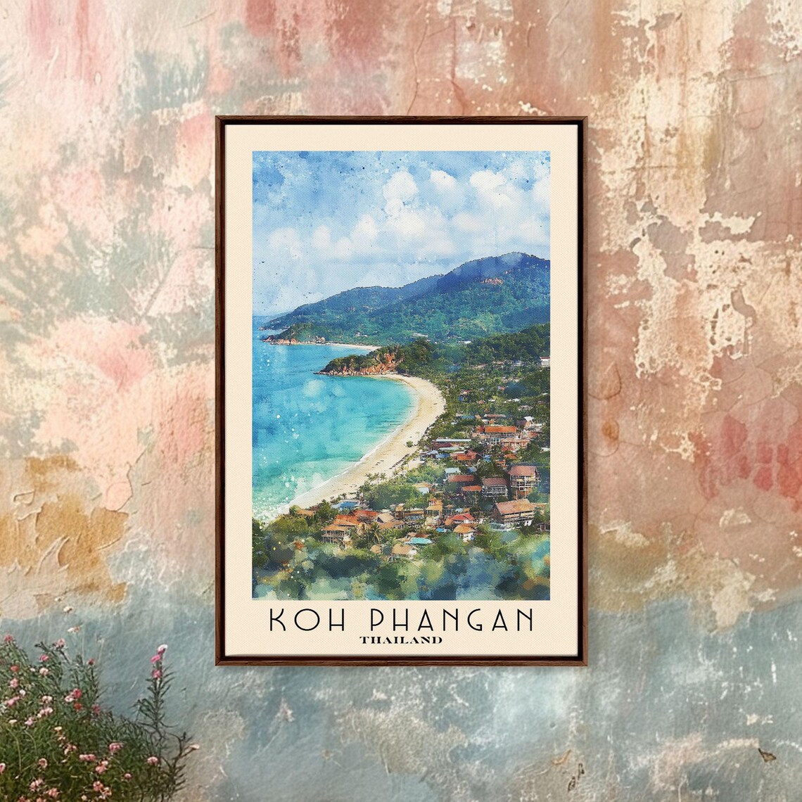 Koh Phangan Thailand Curved Bay Town Green Mountains Watercolor Poster - Image 4