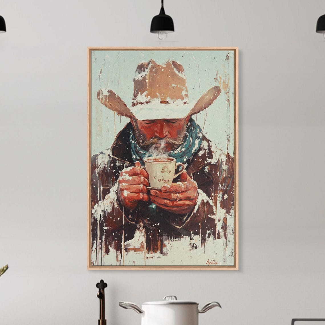 Cowboy Warming Hands On Steaming Mug Snowy Painterly Portrait Poster - Image 2