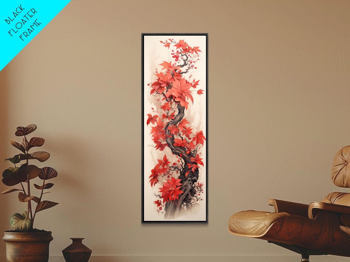 Twisting Vine With Red Autumn Berries Ink Wash Japanese Wall Art - Image 4