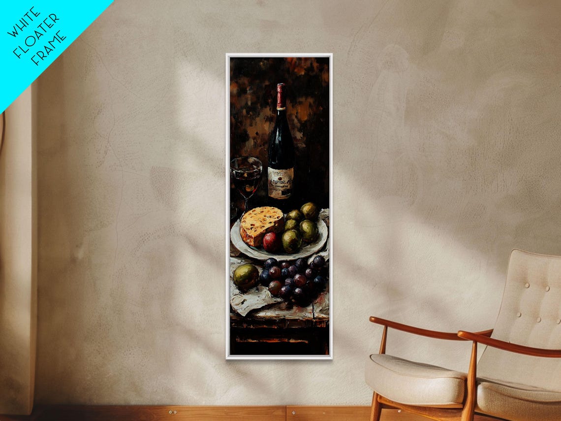 Rustic Wine Bottle Cheese Fruit Still Life Dark Kitchen Art Poster - Image 2