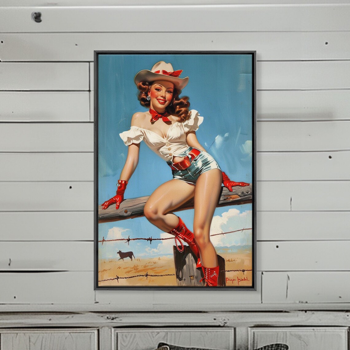 Vintage Cowgirl Pin Up Fence Red Boots Retro Western Wall Art - Image 3