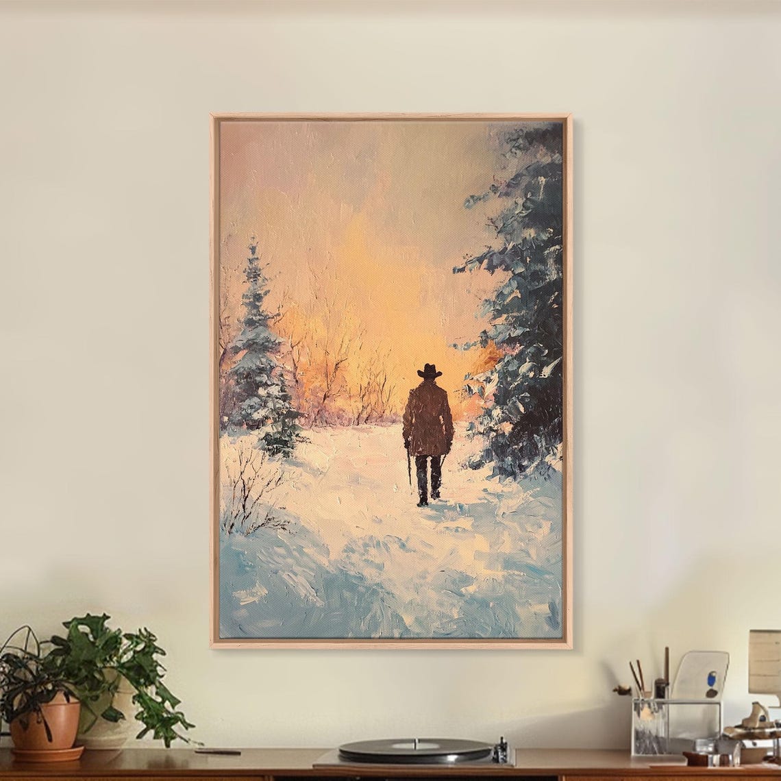 Lone Cowboy Walking Into Snowy Forest Glowing Winter Sunset Poster