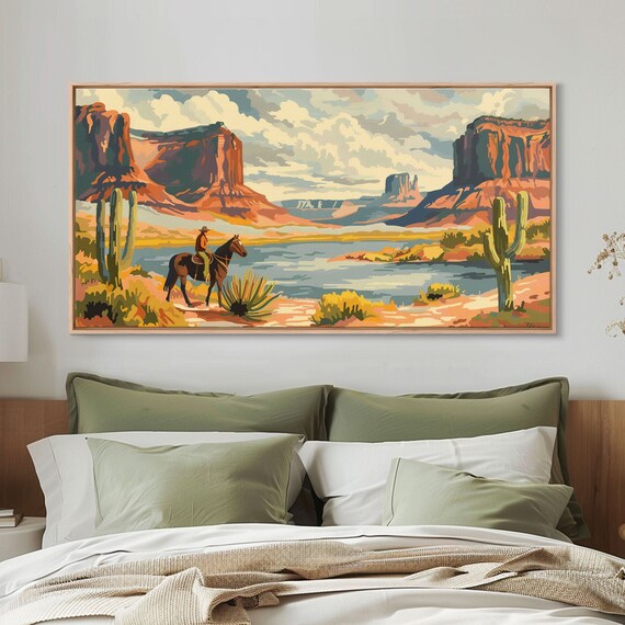 Cowboy In Monument Valley Landscape Framed Print For Rustic Living Room Decor Western Art For Bedroom And Home Decoration