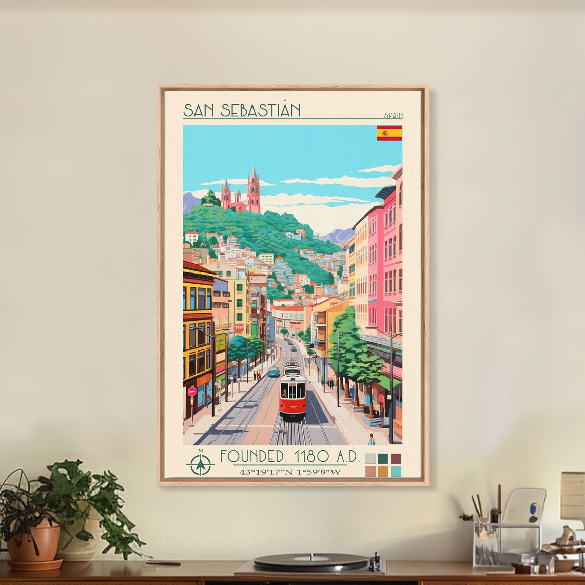 San Sebastian Spain Tram Hilltop Church Street View Travel Poster - Image 4