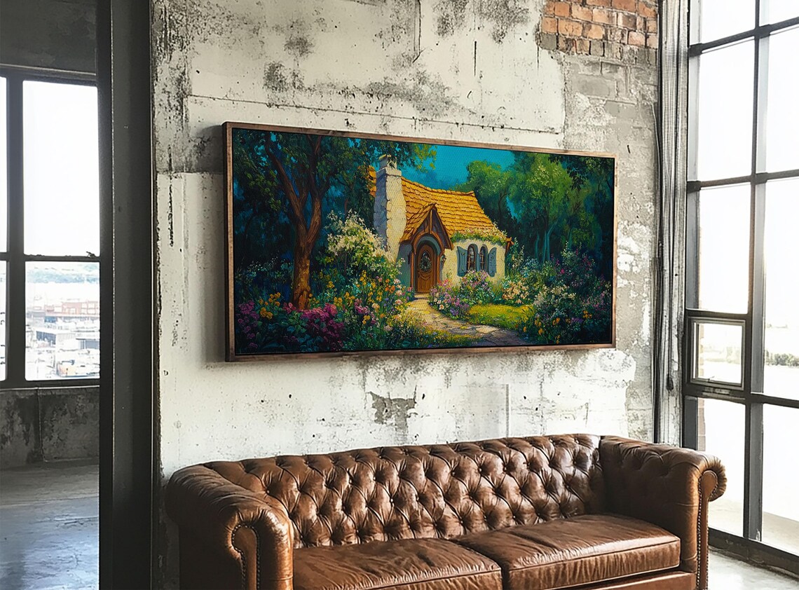 Whimsical Garden Cottage Flower Path Stone House Night Panoramic Wall Art