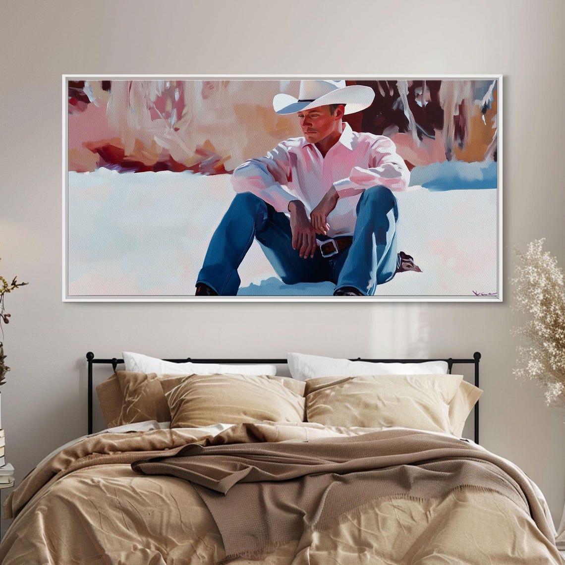 Cowboy In A White Hat And Pink Shirt Sitting In The Snow Art Print - Image 5