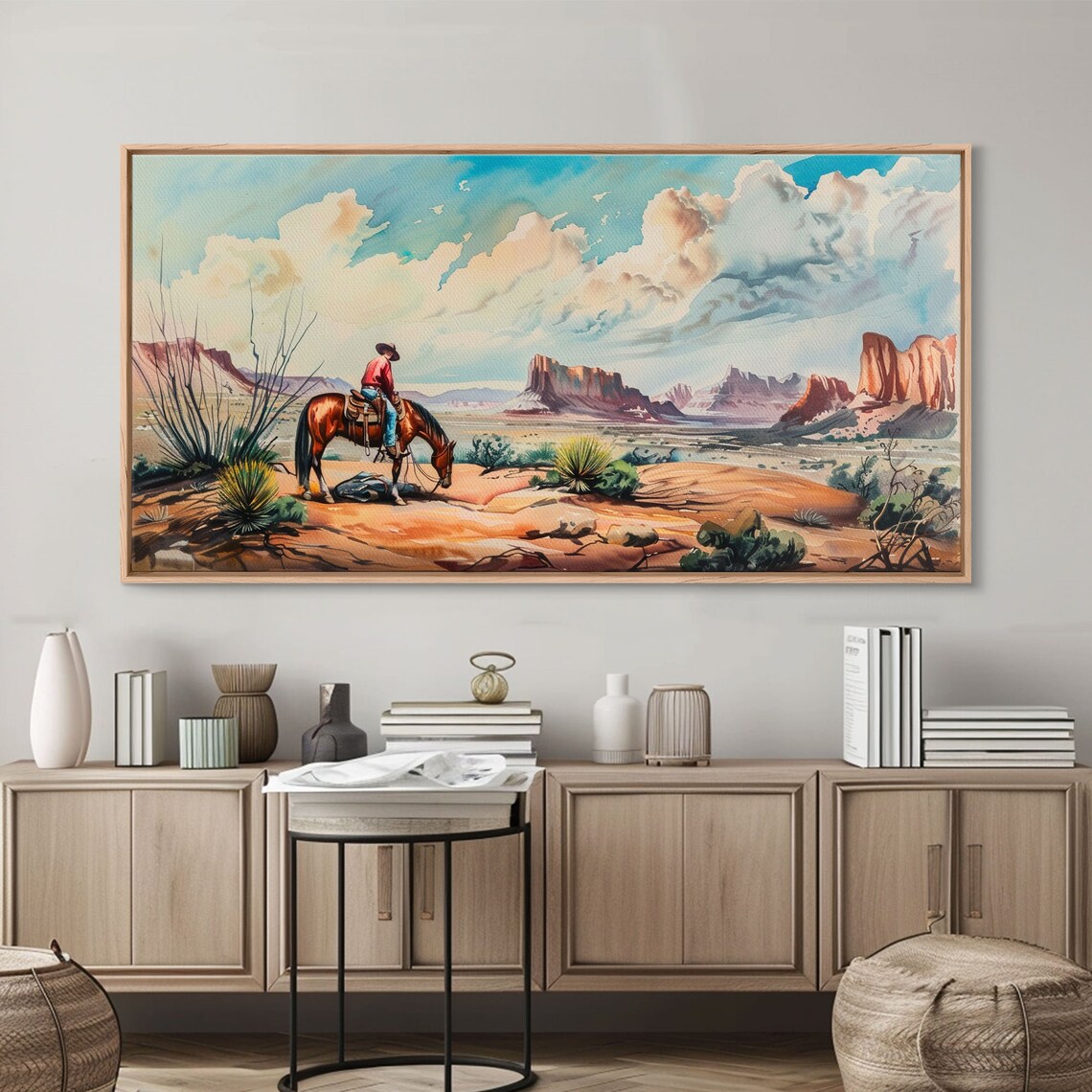 Cowboy on Horse Overlooking Desert Canyon Western Frontier Art Poster - Image 3