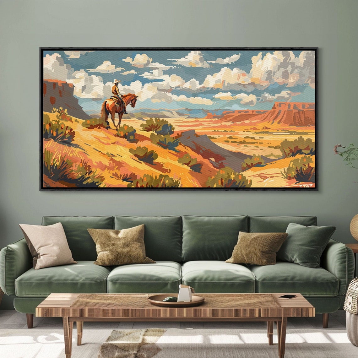Cowboy On Horseback Overlooking Golden Desert Canyon Valley Art Poster - Image 2