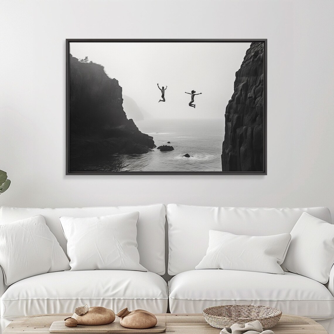 Black White Cliff Jumpers Ocean Mist Dramatic Minimalist Seascape Photography Print