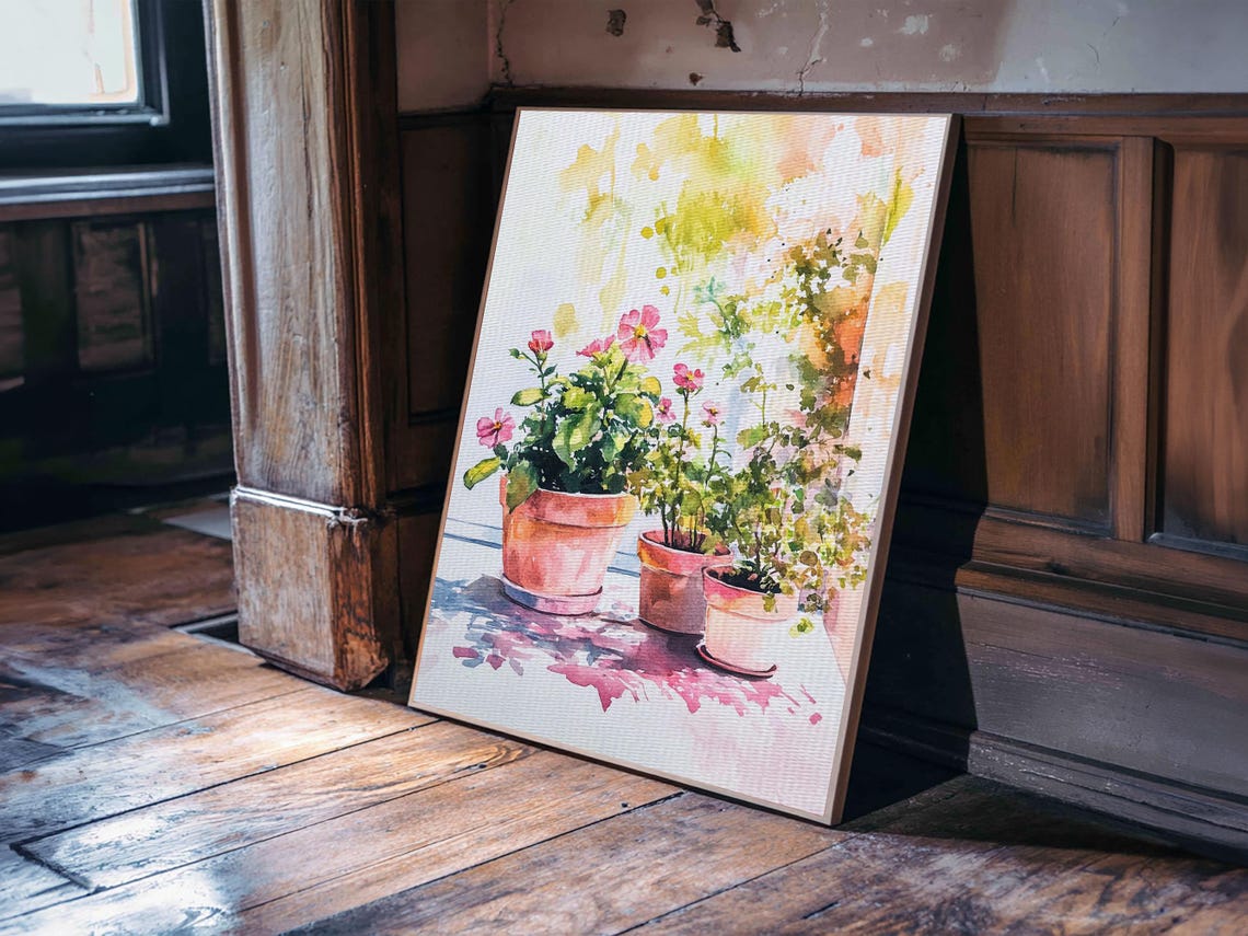 Potted Plants Watercolor Terracotta Pots Sunny Botanical Garden Print