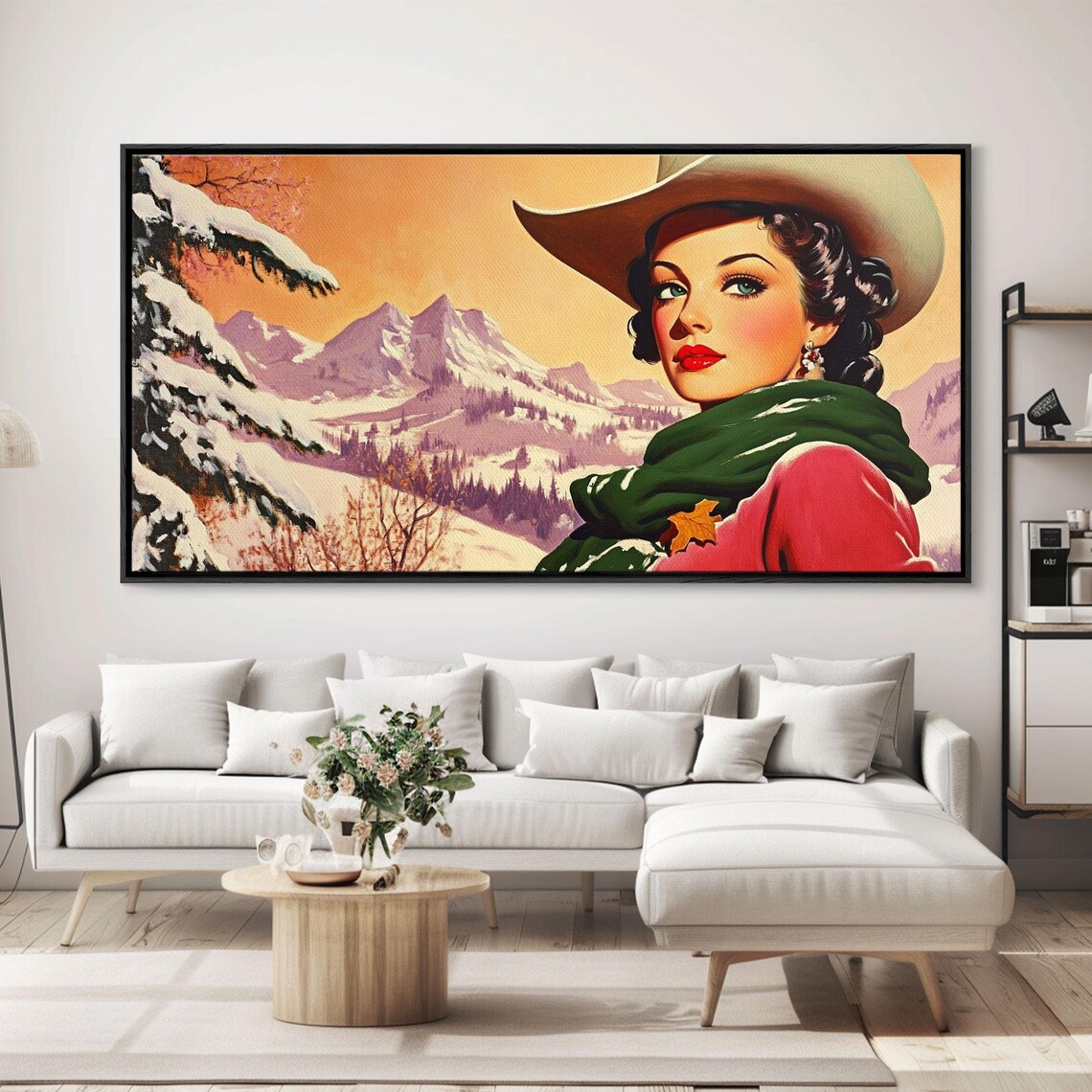 Retro Pinup Cowgirl Portrait Snowy Purple Mountains Scarf Style Poster - Image 5