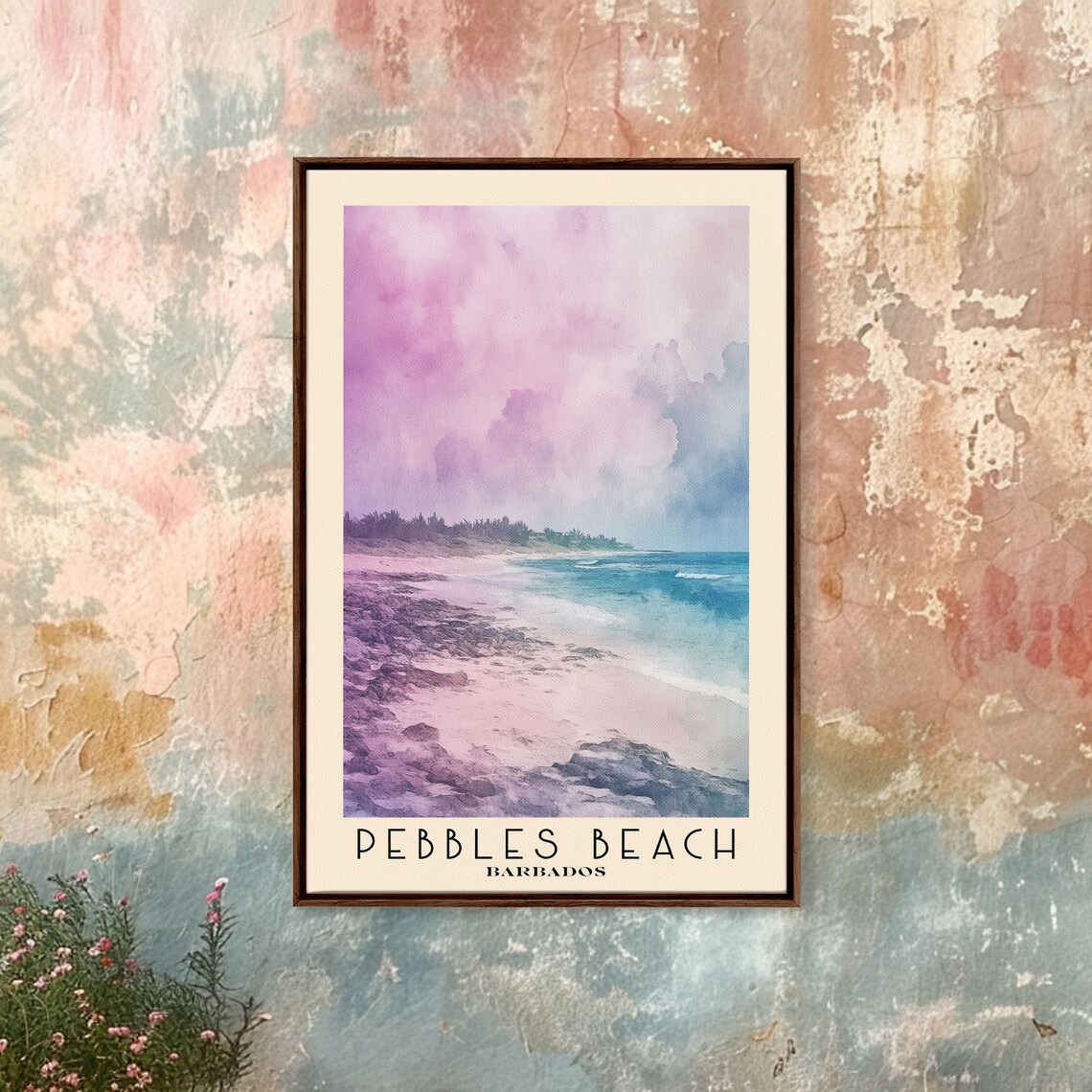 Pebbles Beach Barbados Rocky Shore Pink Clouds Turquoise Water Travel Poster