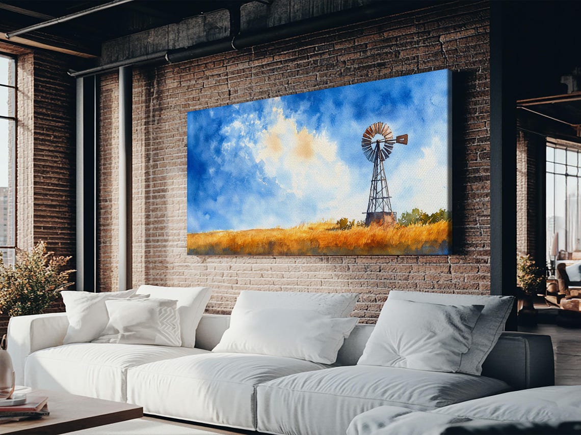 Bright Blue Sky Windmill Framed Print Rustic Farmhouse Art Horizontal Artwork Ideal Above Sofa Unique Living Room Wall Decor - Image 5