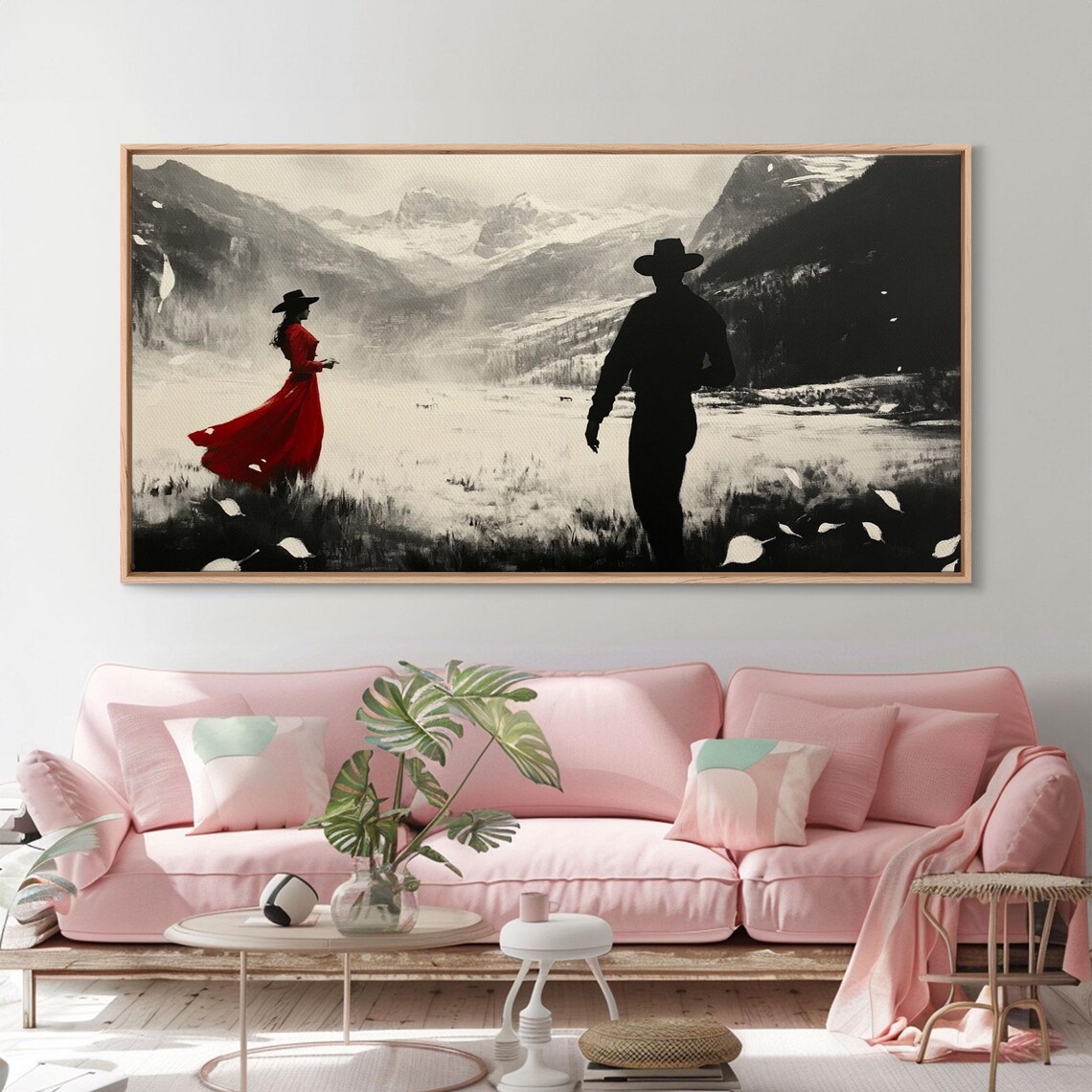 Red Dress Cowgirl Cowboy Silhouette In Snowy Mountain Lake Art Poster - Image 3