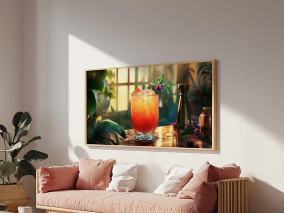 Tropical Sunset Cocktail Print Vibrant Kitchen Wall Art Foodie Home Decor Botanical Drink Painting Dining Room Cocktail Art