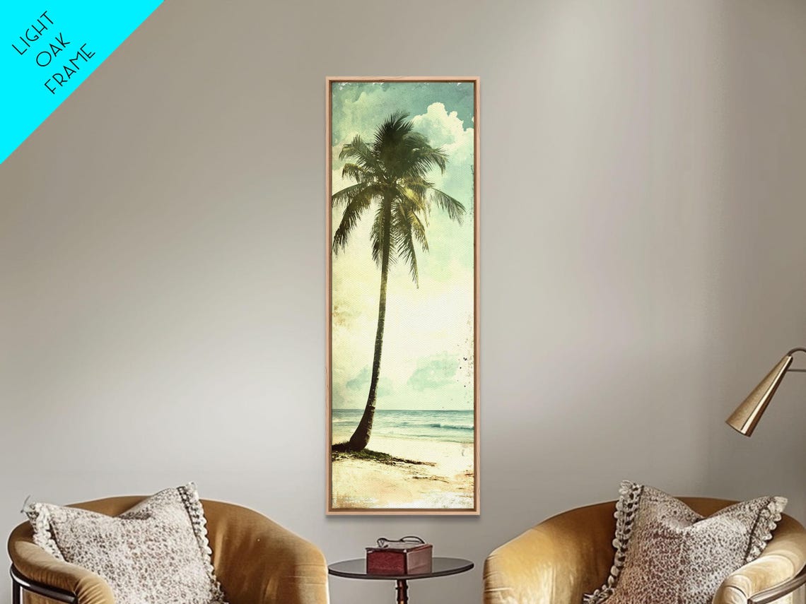 Tall Palm Tree Beach Vintage Green Coastal Waves Surf Wall Art - Image 4