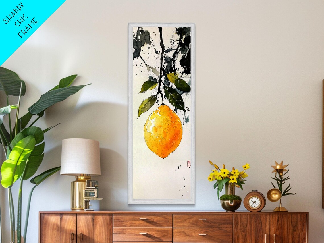 Bright Lemon Hanging Ink Branch Green Leaves White Space Art Poster - Image 4
