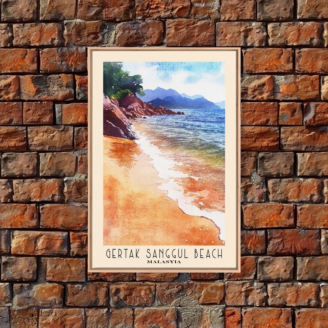 Gertak Sanggul Beach Malaysia Orange Sand Rocky Headland Blue Sea Watercolor Poster - Image 5